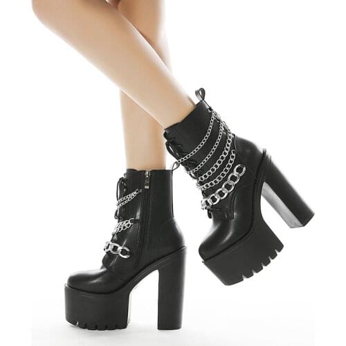 Women High Heels Platform Ankle Boots Womens Chain Punk Shoes Woman Patent Leather Ladies 2020 Female Gothic Footwear Big Size