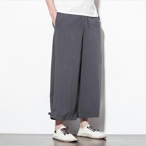 High Quality Summer Autumn Men Ankle Length Pants Solid Cotton Linen Wide Leg Pants Button Pocket Trousers Plus Size M-7XL