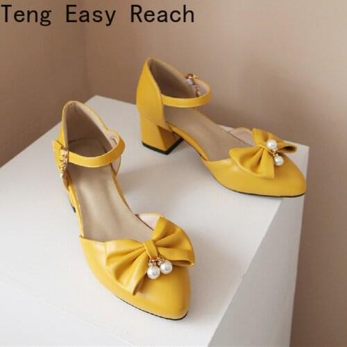 Elegant Ladies High Heels Ankle Strap Pumps Women Fashion Pearl Buckle Dress Shoes Woman Chunky Heeled Summer Sandals 32-48