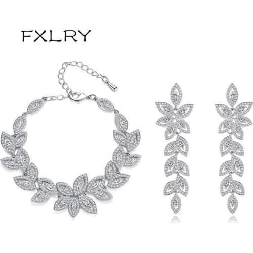 FXLRY High Quality AAA Cubic Zirconia Fashion Flower Bracelet and Earrings For Women Jewelry Sets