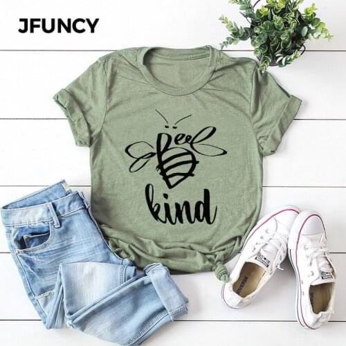 JFUNCY Plus Size Summer T-shirt Women Cotton T Shirt Bee Happy Printed Tshirt Short Sleeve Loose Mom Tops Female Tee Shirt