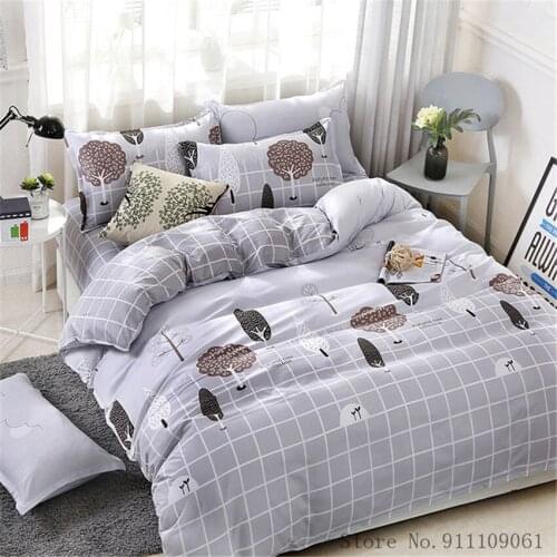Home Textile Plaid Tree Cartoon Gray Bedding Set Duvet Cover Bed Sheet Pillowcase Children and Adult Linen Bedclothes 3/4Pcs