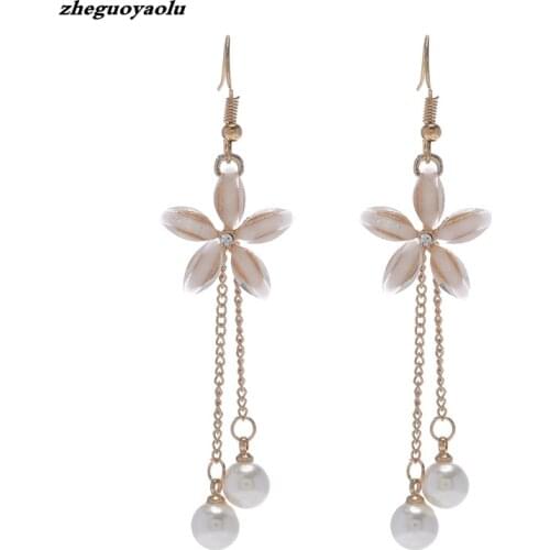 Korea Wild Chain Pearl Crystal Flower Long Earrings Brincos Grandes Fashion Para Mulheres Statement Earrings Fashion Jewelry