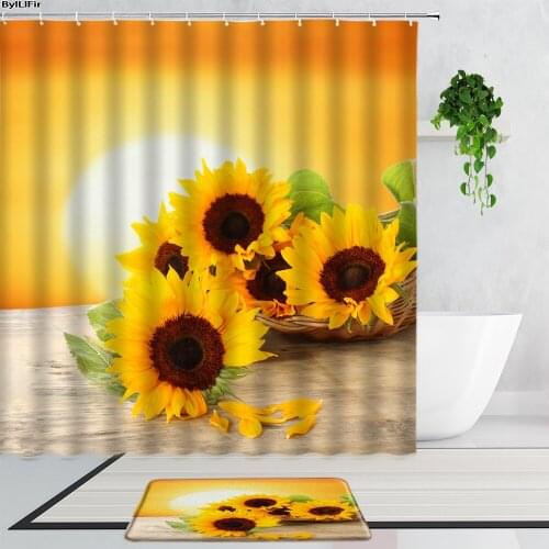 Beautiful Sunflower Shower Curtains Autumn Sunshine Plant Flower Landscape Bathroom Bath Curtain Fabric Non-Slip Carpet Door Mat