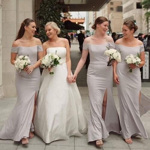 Lamiabridal Light Gray Simple Off The Shoulder Bridesmaid Dresses Short Sleeves Satin Front Slit Wedding Guest Party Dresses