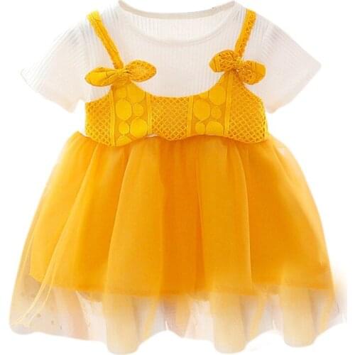 Summer Baby Girl Dresses Princess Dress Fake 2 Piece Toddler Mesh Design Short Sleeve Cotton Sundress Baby Girl Dress Vestidos