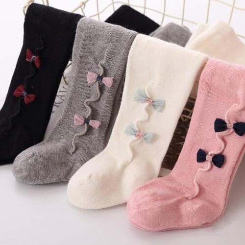 Cute Baby Girls Bowknot Cotton Warm Tights Stockings Autumn Winter White Black Grey Pink Kids Girl Stockings 0-3Y