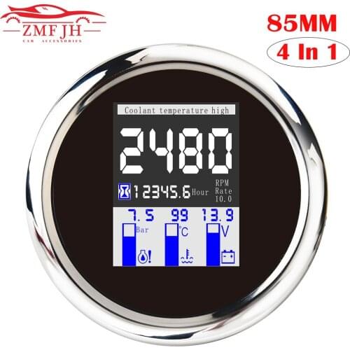 New 85mm 4 in 1 Multi-functional Gauge Universal Digital Tachometer Water Temp Oil Pressure 0~10Bar With Alarm 9-32V Waterproof