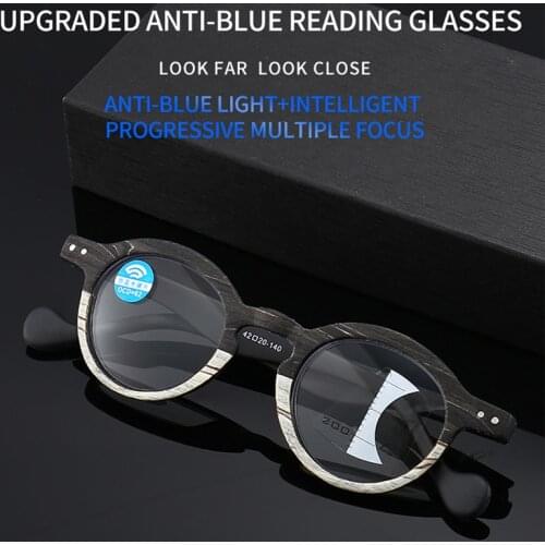 2021 Wood Grain Progressive Multifocal Reading Glasses Men Women Anti Blue Light Glasses Retro Vintage Presbyopic Round Glasses
