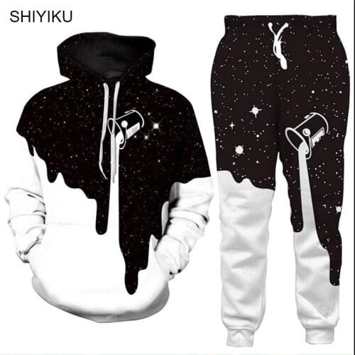 SHIYIKU Brand Sportswear Mens Sweater 3D Digital Printing Hooded Baseball Uniform Elastic Waist Trousers Fitness Running Suit
