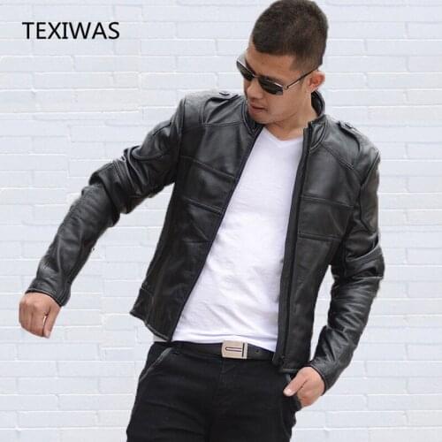 TEXIWAS Leather Jacket Men autumn Genuine Leather Coat Solid Slim tops Male Casual Cow Leather Plus size Stand jacket outerwear