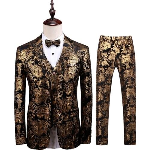 2021 New Spring and Autumn High Quality Mens Pure Color Gold Flower Single Button Slim Long-sleeved Mens Suit/ man suit