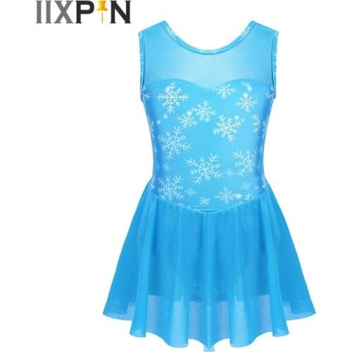 Girls ballerina dress kids Ballet Dance Costume Sleeveless Mesh Splice Snowflake Pattern Printed Gymnastics Leotard Dress Girls