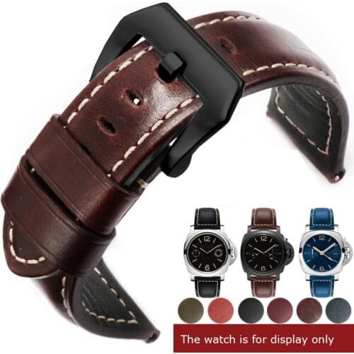 Hand-Made Genuine Leather Watchband Black Dark Blue With Pin Buckle Strap Suitable For Panerai Diesel Mido Watch Accessories
