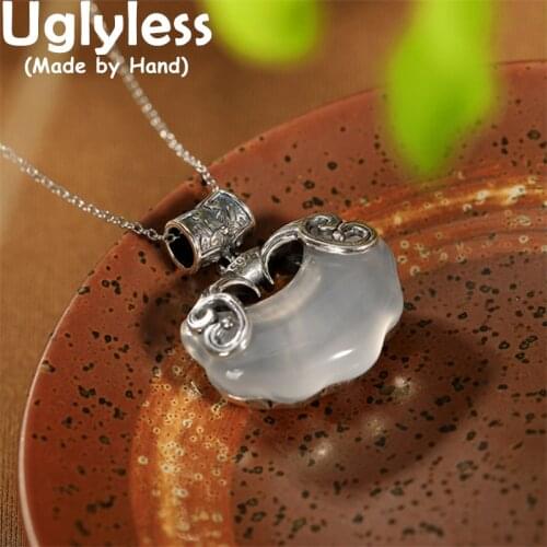 Uglyless Double Fishes Ethnic Vintage Pendants for Women Heart-shape Chalcedony Jade Necklaces 925 Silver Animals Jewel NO Chain
