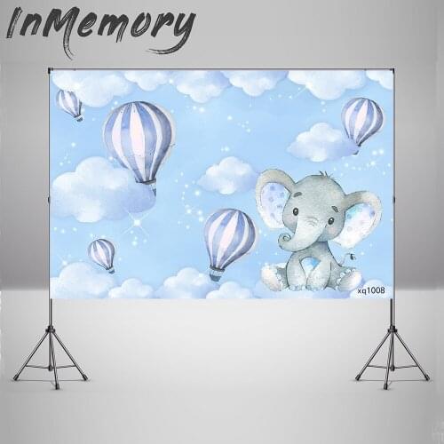 Photo Backdrop White Clouds Blue Boy 1st Birthday Banner Party Decor Custom Vinyl Hot Air Balloons Elephant Background Photocall