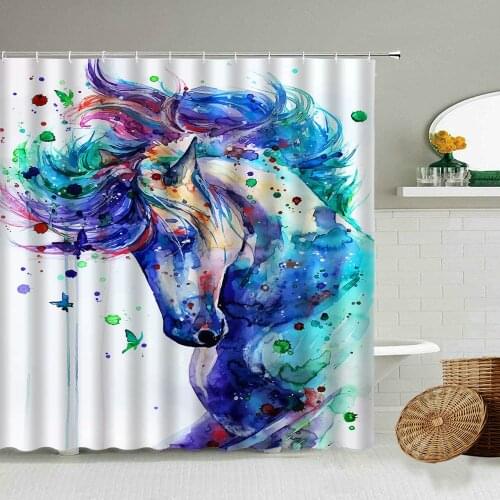 Colorful Giraffe Horse Wolf Animal Shower Curtain Watercolor Rendering Abstract Art White Home Bathroom Wall Waterproof Screen