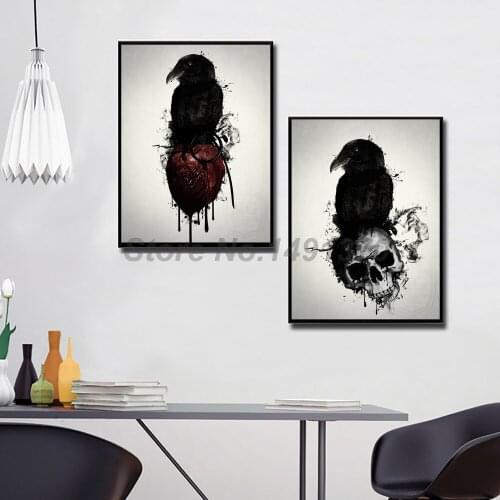 Raven And Skeleton Poster Black And White Paintings On Canvas Modern Art Decorative Wall Pictures Home Decoration