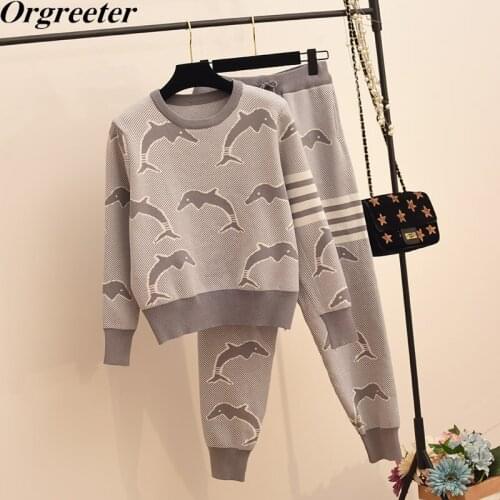 Knitted Striped Jacquard Dolphin Autumn Casual O-neck Sweater Two-piece Suit Women Fashionable Loose Tracksuit Women
