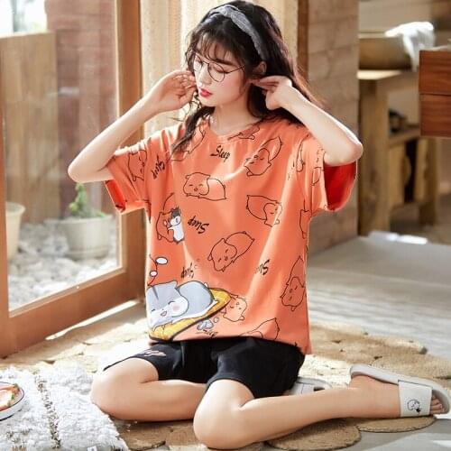 Womens Pajamas Set Summer Cotton Short Sleeve Homewear Cute Cartoon Lounge Wear T-shits Fashion Korean Orange O-Neck Sleepwear
