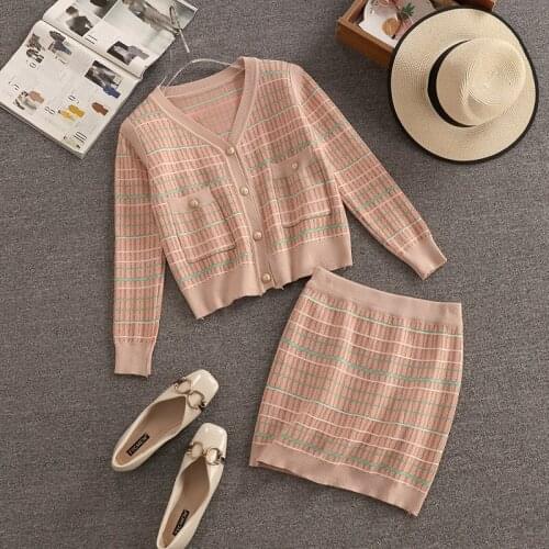 Autumn Winter Knitted Two Piece Set Women V-neck Sweater Cardigan + Bodycon MIni Skirts Sets Korean Fashion Casual 2 Piece Suits