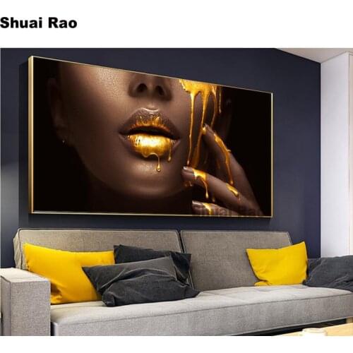 Large size black woman Face With Golden Liquid diamond painting full square round diamond mosaic drill Abstract home art