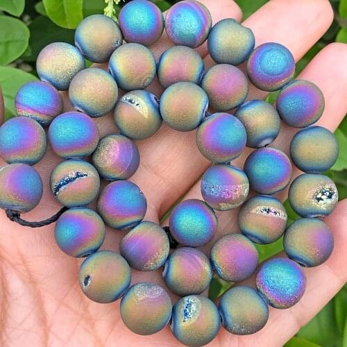 Natural Matte Multicolor Metallic Coated Druzy Agates Onyx Stone Bead Loose Mineral Spacer Beads For Jewelry Making Diy Bracelet