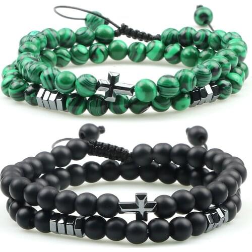 Couple 2pcs Cross Bracelet Natural Classic Black White Stone Yoga Beaded Women Bracelets for Men Best Friends Gift Charm Jewelry