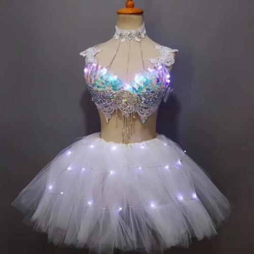 Rhinestone Sequin Bra + Tutu Skirt + Light Strip Party Stage Outfit Sets Women Club Showgirl Singer Dancer Performance Costumes