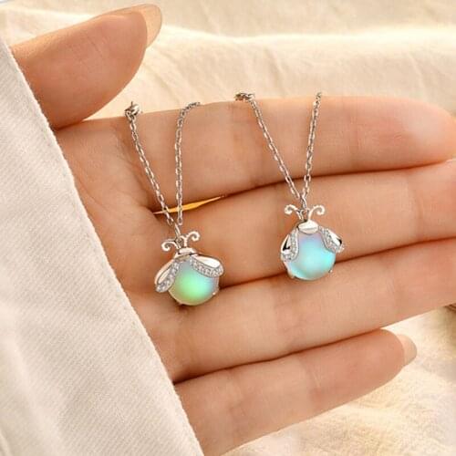 S925 Sterling Silver Firefly Necklace Female Ins Mori Colorful Moonstone Insect Pendant Clavicle Chain