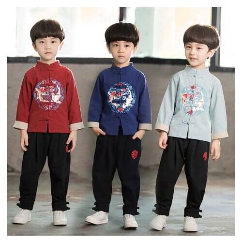 Children Chinese Traditional Tang Suit Boys 2Pieces Clothing Set New Year Hanfu Ancient Oriental Party Festival Kungfu Outfits