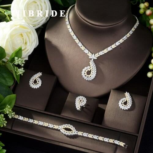 HIBRIDE Luxury 2 Tones 4pcs Bridal Zirconia Jewelry Sets for Women Party Dubai Nigeria CZ Crystal Wedding Jewelry Set N-973