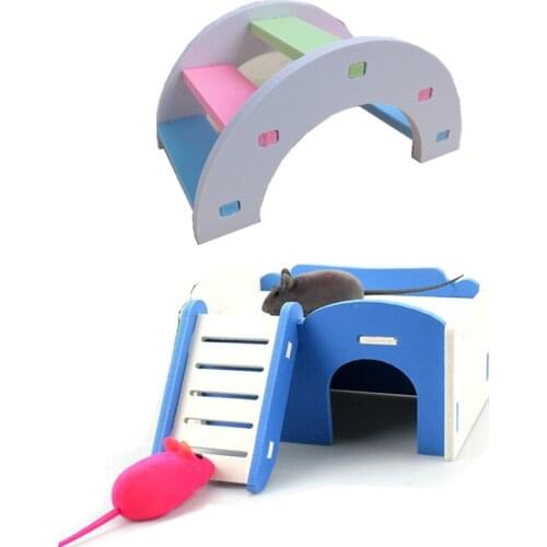 Hamster Toy Cute Exercise Wooden Hamster House with Ladder Slide Rainbow Color Bridge For Guinea Pig Cage Accessories
