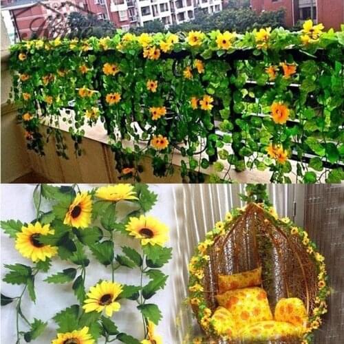 260cm Artificial Silk Flowers Sunflower with Leaves Ivy Vine Hanging Garland Garden Fences Home Wedding Decoration Fake Plants