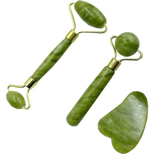 3 Pieces Jade Roller Facial Ridged Roller Kits Skin Roller with Gua Sha Scraping Massage Tools