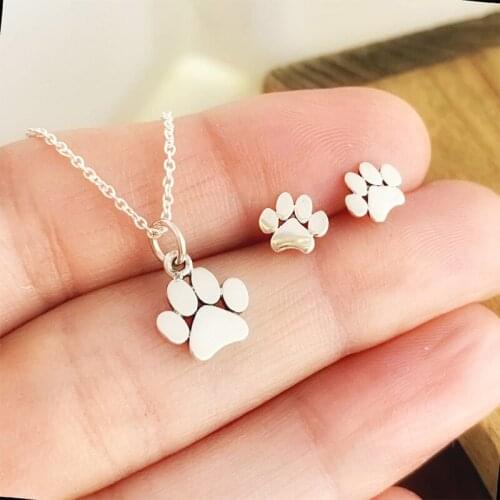 Stainless Steel Paw Print Necklace and Earring Set Girl Jewelry Gifts Suitable for Mother Dog or Mother Cat Cute Gift Set
