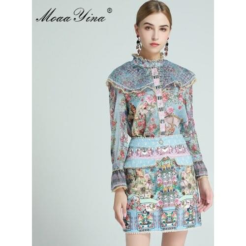 MoaaYina Fashion Designer Set Spring Womens Ruffles Long sleeve Blouses Tops+Beaded Angel Floral-Print Skirt Two-piece sets