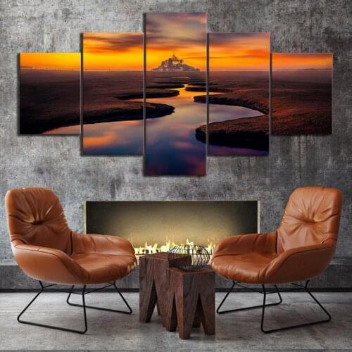 Wall Art Abstract Landscape Painting 5 Panel Sunset Wasteland And River Print Modern Poster Decor Canvas Modular Home Decoration