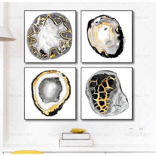 Nordic Abstract Agate Stone Vintage Canvas Posters and Prints Watercolor Painting Wall Pictures Golden Wall Decor Living Room