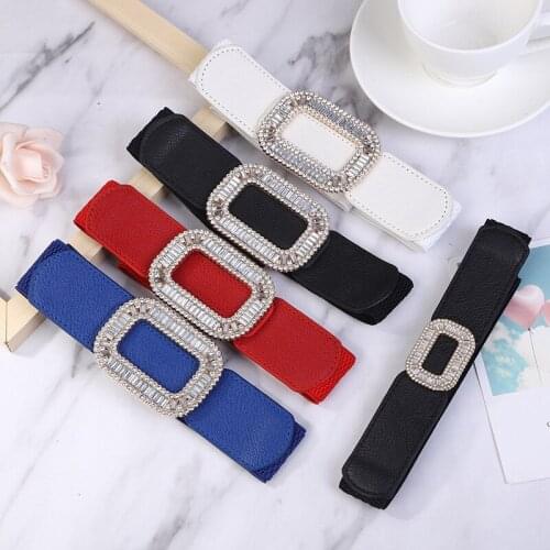 Womens Elastic Cinch Waist Belt with Rhinestone Flashy Fashion Trendy Stylish Square Buckle Dress Coat Strap