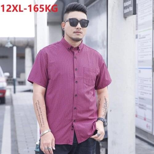 Summer high quality 10XL 12XL 11XL Large Size Men plaid Shirt short Sleeve oversize high street pockets business Shirt 60 64 54