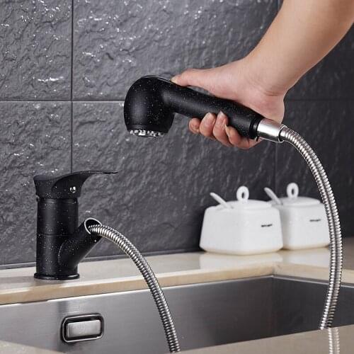 Kitchen faucet Sink Granite Wash basin Copper casting Pullable Hot and cold water Quartz Sandblasting faucet Black
