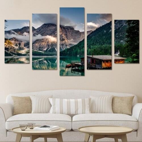 Modern Home Decor Wall Art Canvas Poster Painting 5 Pieces HD Printed Lake Boat Mountain Landscape Modular Pictures Frame