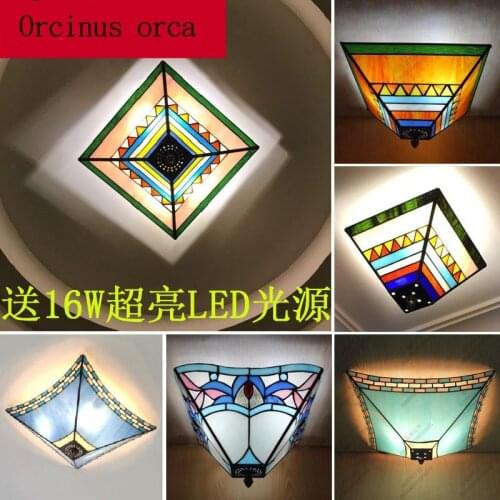 Mediterranean retro stained glass ceiling lamp living room balcony corridor European creative painting LED ceiling lamp