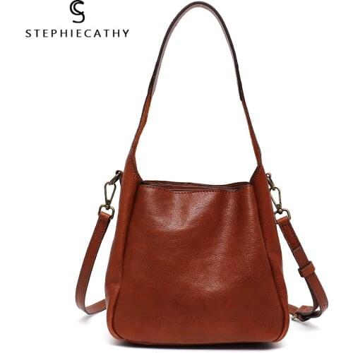 SC Brand Retro Genuine Leather Bucket Bag For Women Casual Style Tote Shoulder Handbag Female Daily Cowhide Crossbody Hobo Purse