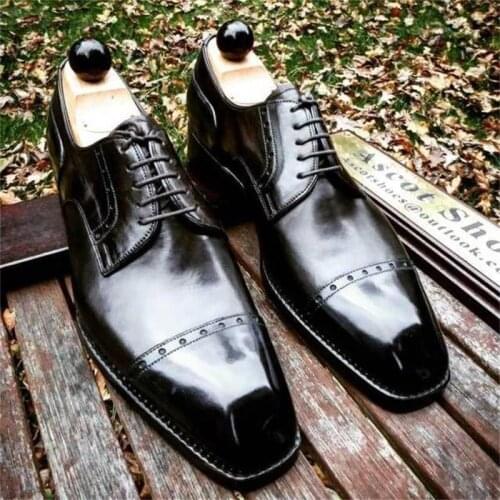 New Men Shoes Handmade Black PU Square Head Low-heel Hollow Stitching Lace-up Fashion Business Casual Dress Oxford Shoes KS384