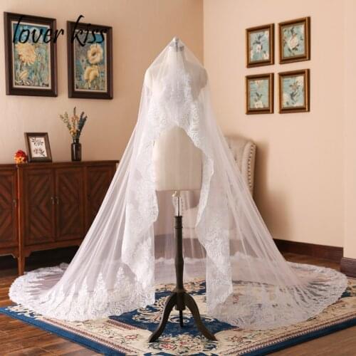 Lover Kiss Tulle White Ivory Cathedral Wedding Veil For Brides Lace Edge One Layer Weddings Accessories veu de noiva 3 metros