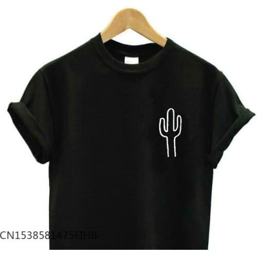 Cactus Pocket Print Women Basic Tshirt Premium Casual Funny T Shirt For Lady Top Tee Hipster Black