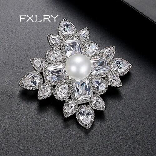 FXLRY White/ Gold Color Cubic Zircon Square Imitation Pearls Brooches for Women Party Brooch Pin Fashion Dress Coat Accessorie