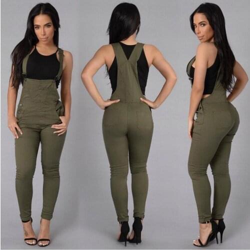 Women Olive Green Denim Overalls 2020 Spring Autumn Strap Ripped Pocket Full Length Denim Jumpsuit White Workwear Jeans Jumpsuit